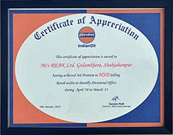 Certificate of Appriciation -Achieved 3rd Position in HSD Selling Retail Outlet in Bareilly Divisional Office During April - 2010 to March - 2011